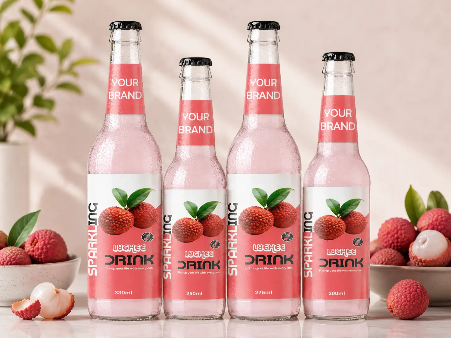 SPARKLING DRINK Lychee Flavored Drink in 330ml, 250ml, 275ml, and 200ml glass bottles.